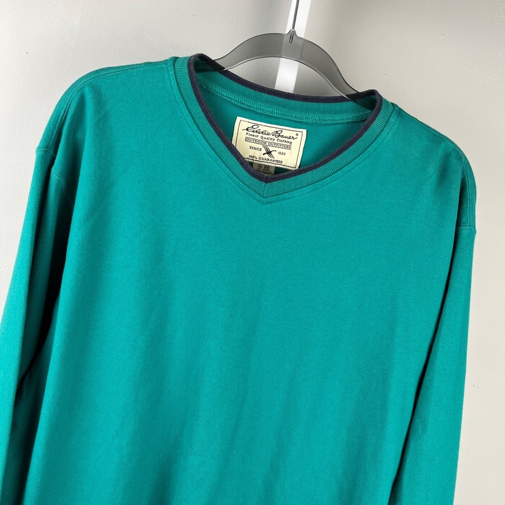 Eddie Bauer Shirt Mens L Teal Navy V-Neck Vintage 90s Pullover Long Sleeve